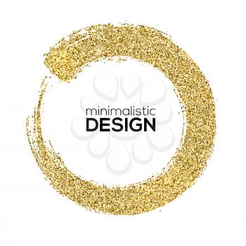 Round brush strokes of Golden sparkling dust, abstract shapes. Daub with golden shimmering glitter isolated on white background. Vector glittering template for logo, exclusive card, vip certificate