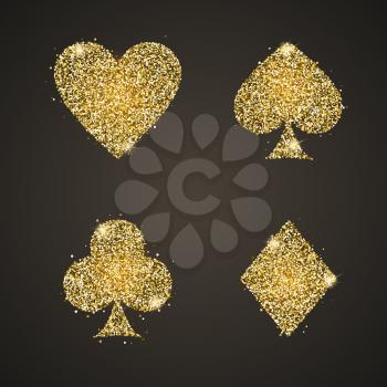 Classical Suit of playing cards. Illustration with golden glitter, shining dust. Vector icons. Symbols isolated on black background