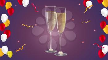 Champagne glasses with serpentine and confetti on dark background. Champagne with bubbles in a wineglass, yellow and red hearts like Inflatable balloons dark on background, 3D illustration
