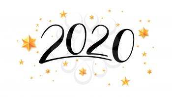 Handwritten lettering 2020. Hand drawn numbers for greeting card with chinese calligraphy. Happy New Year wishes for 2020 with golden stars, abstract pattern on white background. Vector illustration