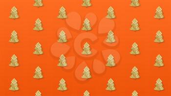Set of golden Christmas trees on orange background. Art pattern from golden toys. Vector 3d illustration.