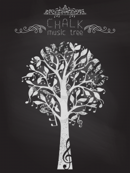 Music notes and treble clefs on tree. Vector illustration.