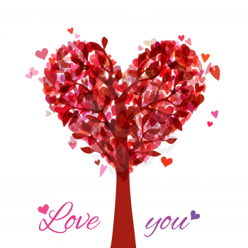 Various red hearts on tree. Valentine's template. There is place for your text.