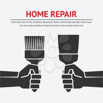 hand with trowel and brush. home repair concept. vector illustration - eps 8