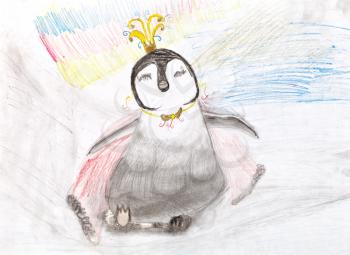 children drawing - young penguin with crown on ice