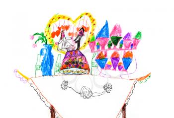 childs drawing - wedding cake with figurines of the newlywed couple