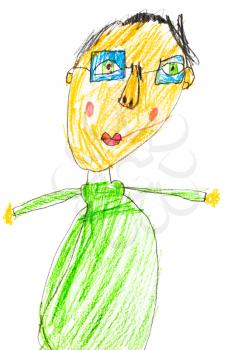 childs drawing - man with yellow face in glasses and green robe