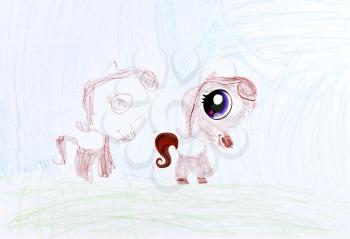 childs drawing - two pony on green lawn