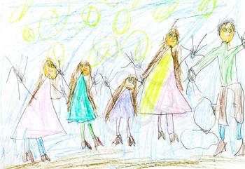 childs drawing - happy family with father, mother and three daughter