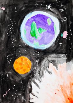 childs painting - blue Earth planet, moon, sun,constellation in black space