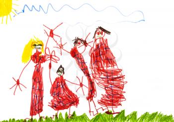 childs drawing - happy family with father, mother and two daughter