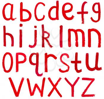 set of english lowercase letters hand written by red paint on white background