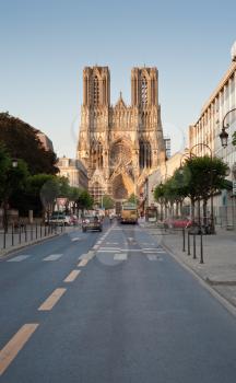 view on gothic catholic Notre Dame Cathedral in Reims, France