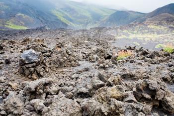 lava rocks close up on volcano slope of Etna, Sicily