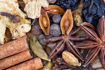 top view set of spices for mulled wine close up