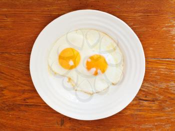 top view of white plate with two fried eggs on wooden table