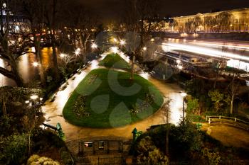 panorama of Square du Vert-Galant on Ile de la Cite in Paris at night