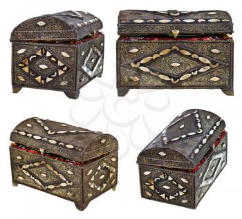 set of ancient bronze treasure chests isolated on white background