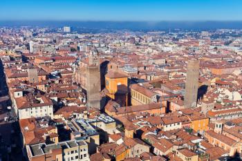 aerial bird eye view of bologna towers from Asinelli Tower, Bologna, Italy