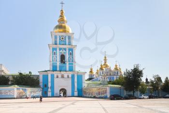 St. Michael's Golden-Domed Monastery with cathedral and bell tower seen in front of St. Michael's Square in Kiev, Ukraine