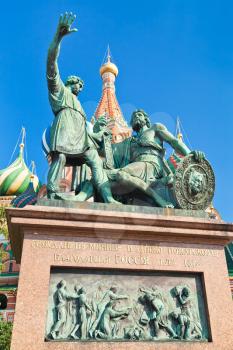 Monument to Minin and Pozharsky with Pokrovsky Cathedral in Moscow, Russia