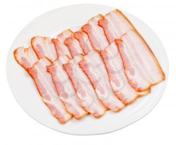 pink sliced bacon on plate isolated on white background