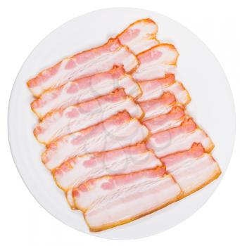 sliced bacon on plate isolated on white background