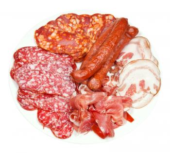 top view of plate with various meat specialties isolated on white background