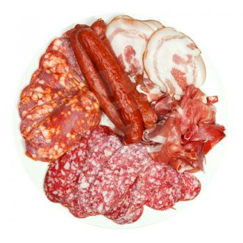 top view of plate with various meat delicacies isolated on white background