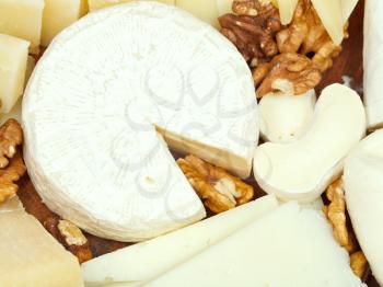 variety of cheeses on wooden plate close up