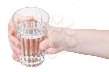 hand holds natural water in glass isolated on white background