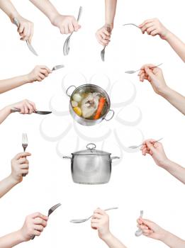 set of hand with kitchen utensil isolated on white background