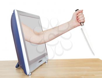 female hand with large kitchen knife leans out TV screen isolated on white background