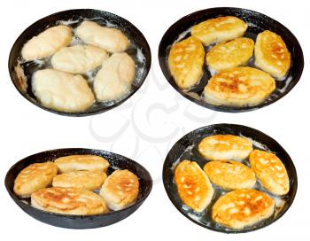 set of frying pan with few cooking patties isolated on white background