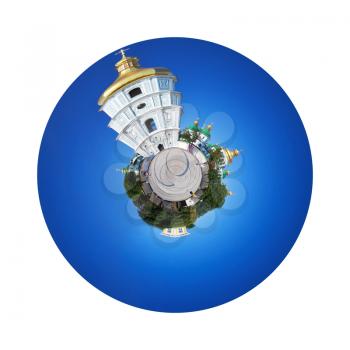 little planet - spherical panoramic view of bell tower and Saint Sophia Cathedral through Sophia square in Kiev, Ukraine isolated on white background
