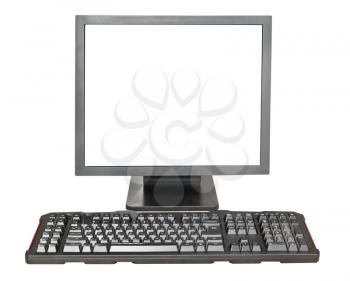 front view of black display with cut out screen and keyboard isolated on white background