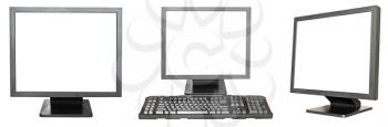 set of black computer displays with cutout screen isolated on white background