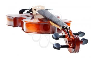 scroll of classical wooden violin close up isolated on white background