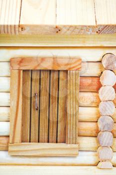 door of model of simple village wooden log house isolated on white background