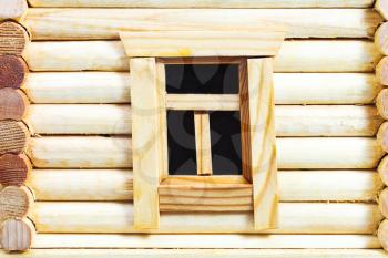 wall with window of model of simple village wooden log house isolated on white background