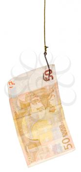 fishing with 50 euro banknote lure on fishhook isolated on white background