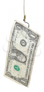 fishing with 1 dollar banknote bait on fishhook isolated on white background