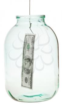 catching 100 dollars banknote from glass jar isolated on white background