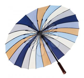 view from below of open striped multicolored umbrella isolated on white background