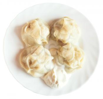 above view of manti dumpling on plate isolated on white background