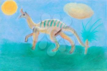 child's drawing - dinosaur walks on green meadow under blue sky