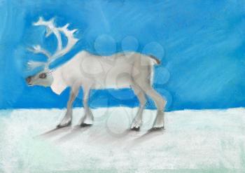 child's drawing - reindeer on snow under dark blue sky