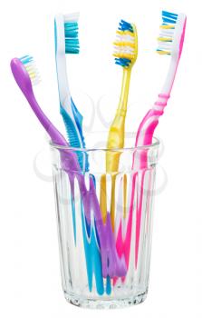 four toothbrushes in glass - family set of toothbrushes isolated on white background