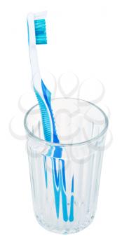 one blue tooth brush in glass isolated on white background