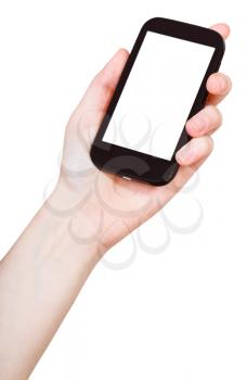 hand holds mobile phone with cut out screen isolated on white background